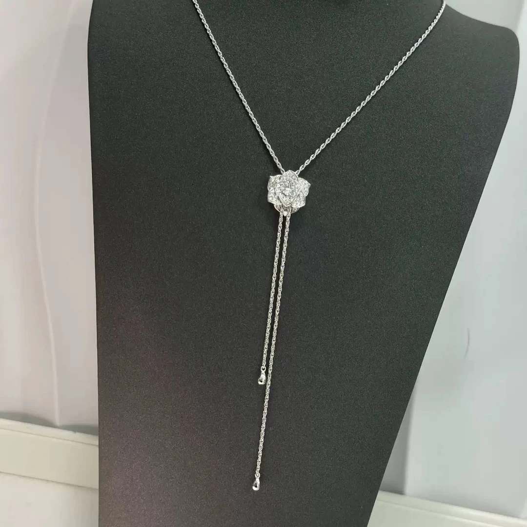 坠链均925银 S925银重工版本玫瑰花抽拉毛衣链气质氛围感小饰品