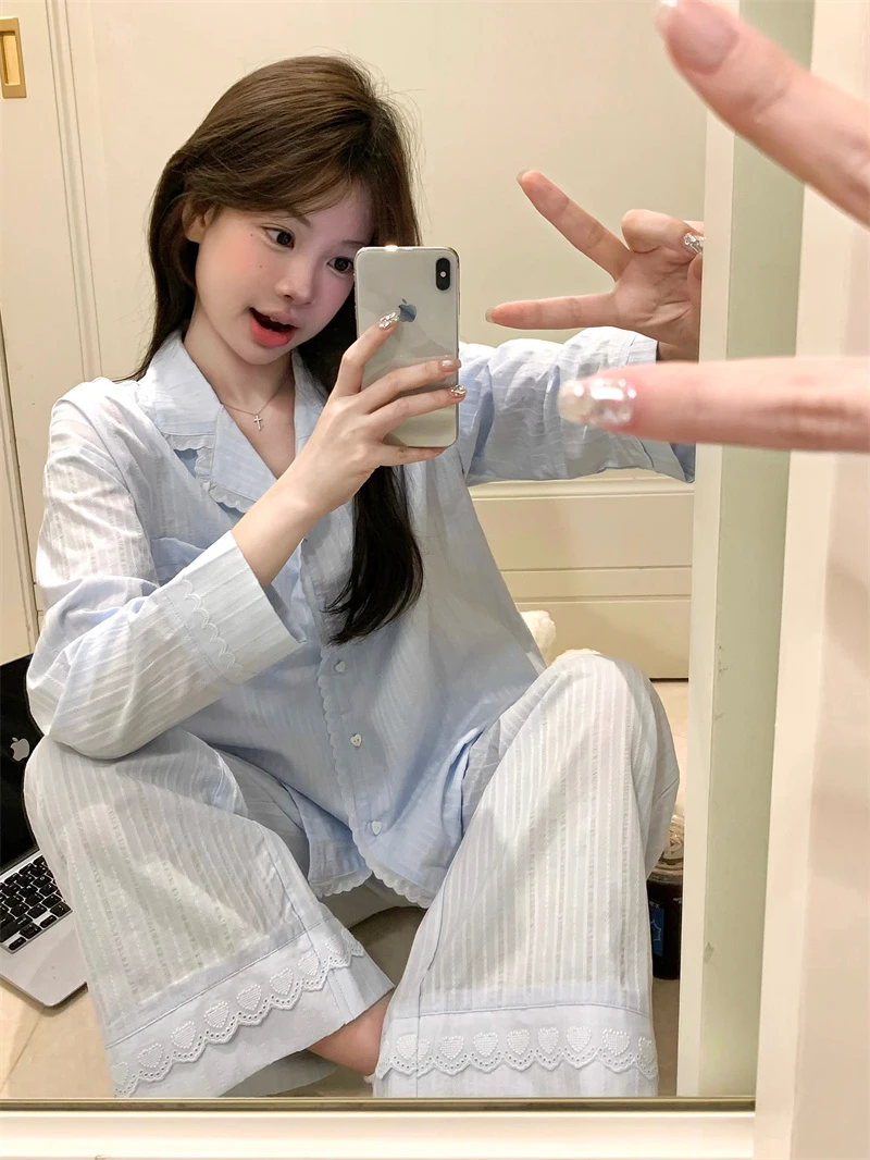 韩系撞色蕾丝花边全棉提花布睡衣女秋季纯色长袖休闲家居服套装