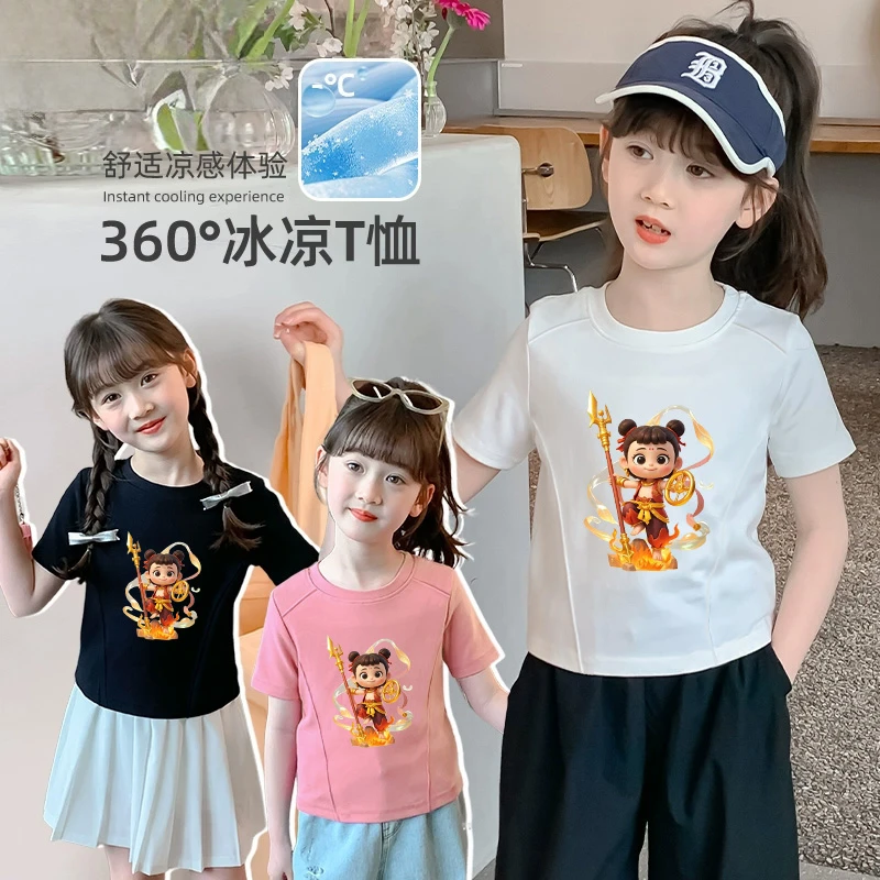 哪吒女童夏季不规则短款短袖新圆领休闲儿童上衣t恤