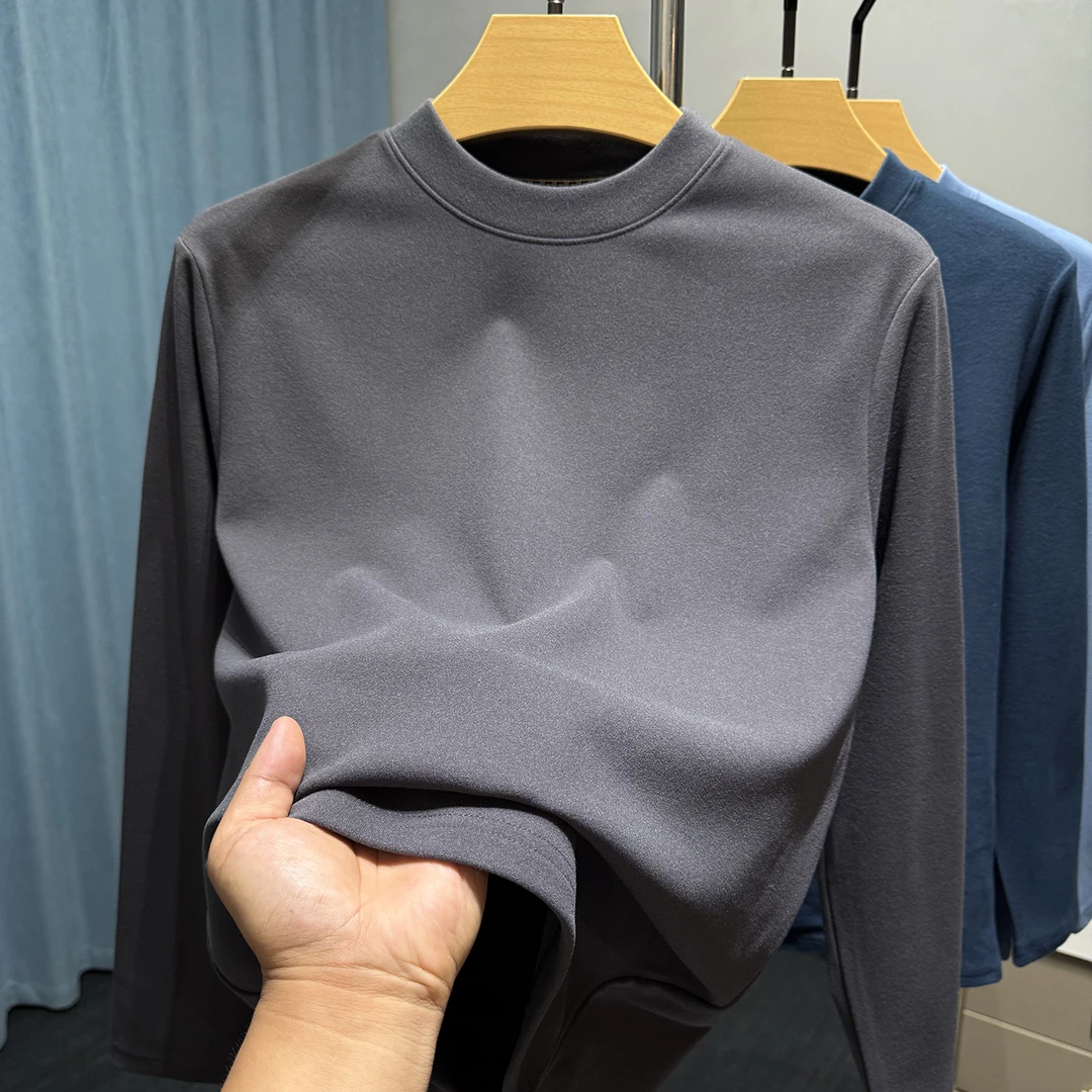 BOY NORMAN高档纯色双面德绒T恤男秋冬季内搭磨毛保暖简约打底衫