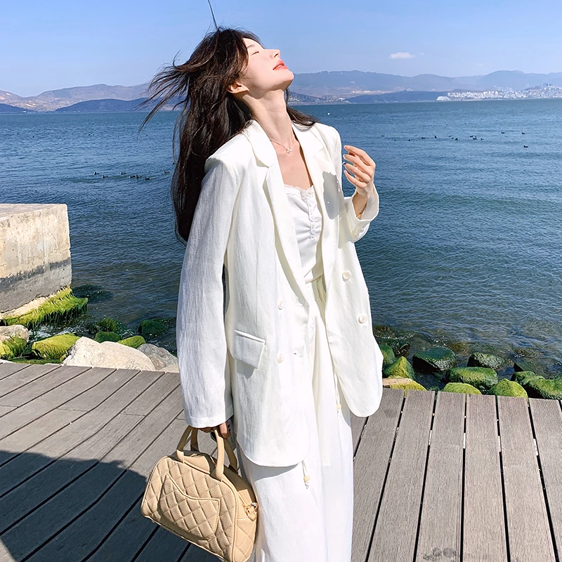 白色高级质感亚麻西装套装女2025春秋新款干净气质阔腿裤两件套潮
