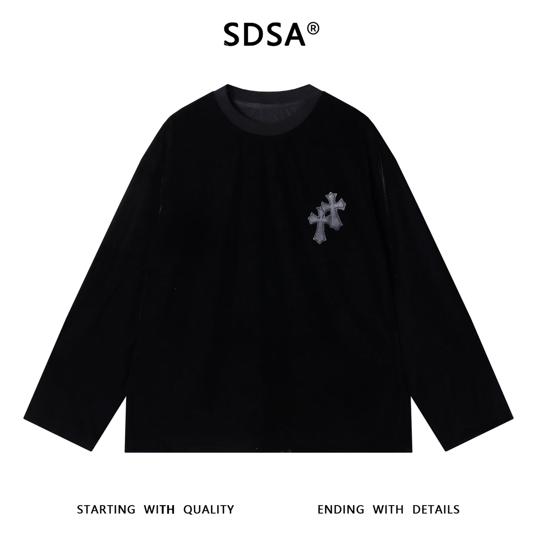 SDSA男士秋冬新款痞帅男装韩版植绒拼皮时尚圆领长袖T恤百搭显瘦