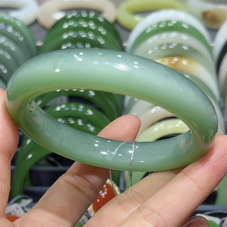 和田玉俄料碧玉一线猫闪电猫猫眼手镯59-60圈口