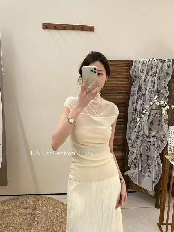 棉感修身短袖T恤拼接镂空纯色修身修身型半高领显瘦