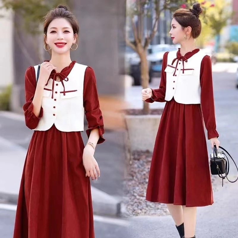 拼接小香风通勤风长袖时尚套装休闲风秋装连衣裙裙子