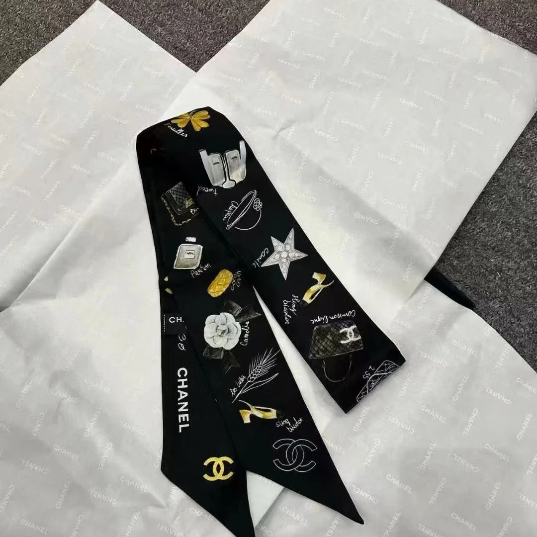 未使用 Chanel/香奈儿 黑色多元素双c小logo丝巾twilly丝带
