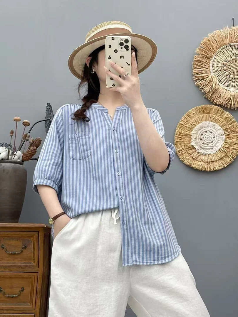 818新款夏季纯棉百搭薄款休闲显瘦V领纽扣衬衫