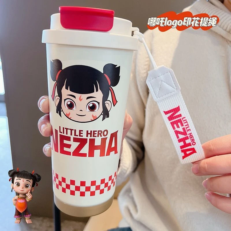 哪吒双饮保温杯316咖啡杯不锈钢大容量学生高颜值水杯吸管便携杯