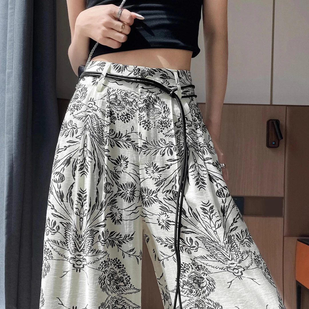 拉夏贝尔复古洋气碎花阔腿裤高级小众女款宽松垂感休闲拖地直筒裤