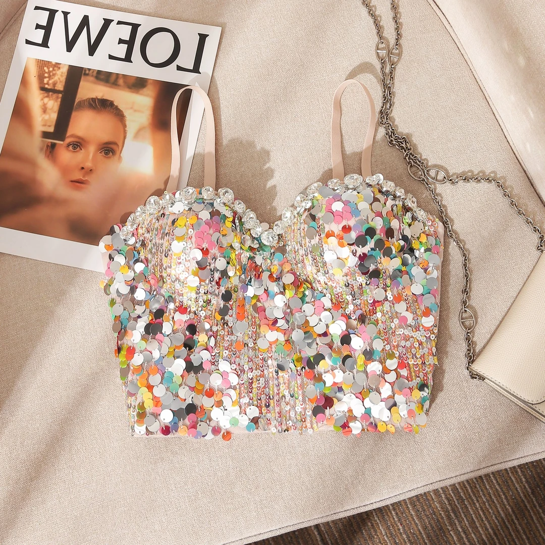 欧美重工彩色闪闪亮片吊带背心性感蹦迪性感辣妹修身美背无袖上衣