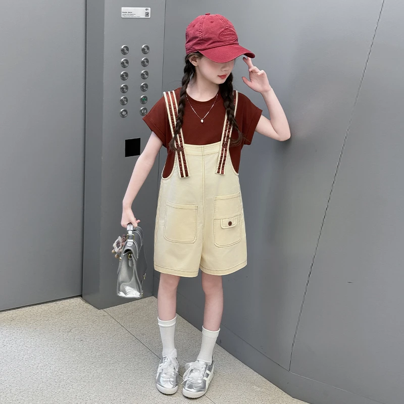 女童短袖背带短裤套装2025夏季6-12岁潮酷女孩时髦洋气休闲两件套