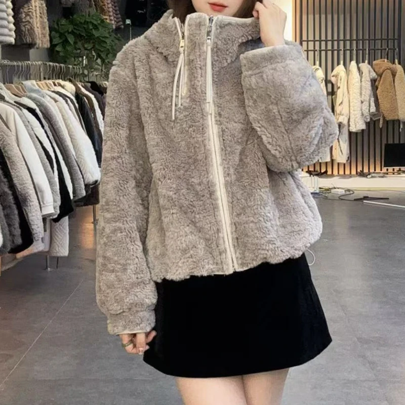 韩版舒适百搭显瘦毛茸茸两面穿外套2025秋冬新款高级气质宽松上衣