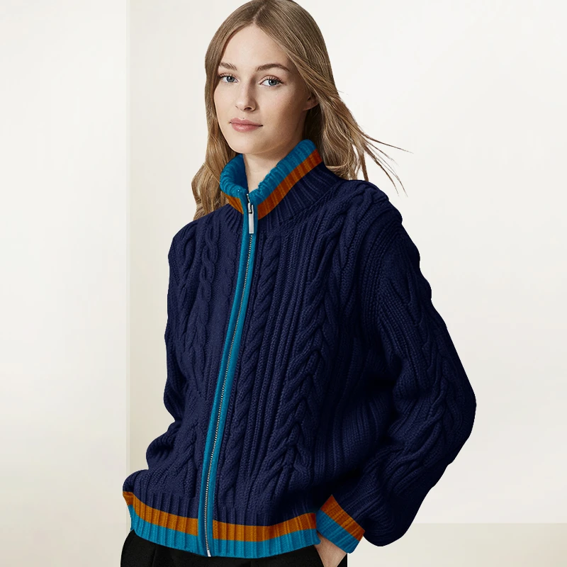 撞色立领麻花针织开衫女2025年冬装新款慵懒宽松外套毛衣拉链外套