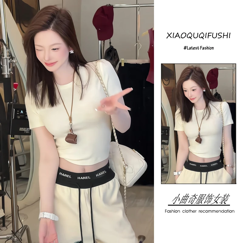 夏季穿搭一整套装女韩版2025年新款爆款显瘦正肩T恤阔腿裤两件套