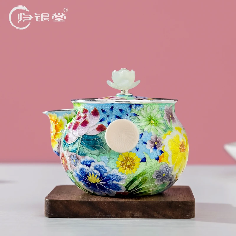 归银堂足银999七宝烧珐琅彩万花手抓壶手工茶壶送人高端茶具