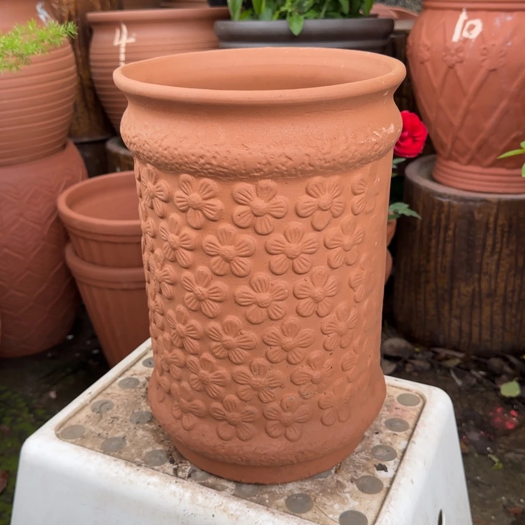 紫砂花盆口20高31宜兴土陶瑕疵粗糙小花模糊