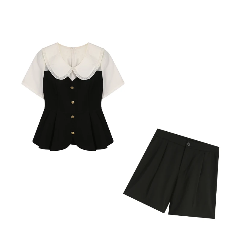 黑色气质两件套套装小香风ZL106863短裤夏季上衣短袖拼接衬衫女装