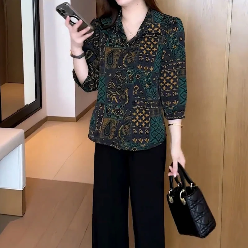 时尚气质印花衬衫妈妈装2025春夏新款百搭宽松显瘦减龄七分袖上衣