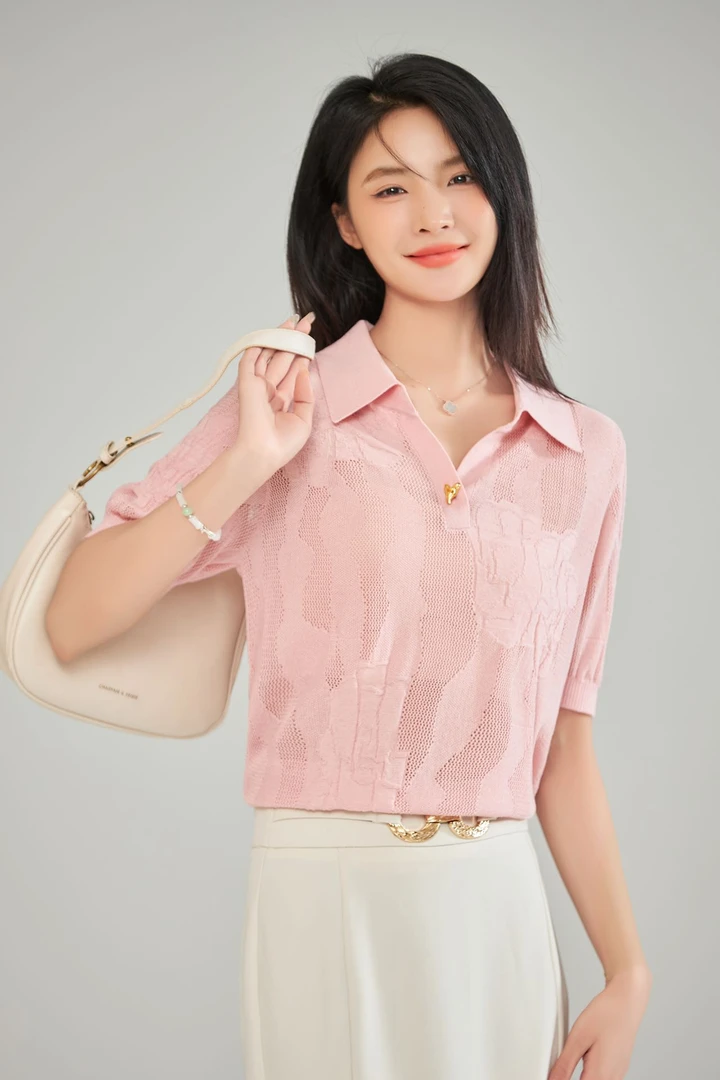2025春季新款时尚百搭半高领短袖镂空显瘦气质上衣24-1421
