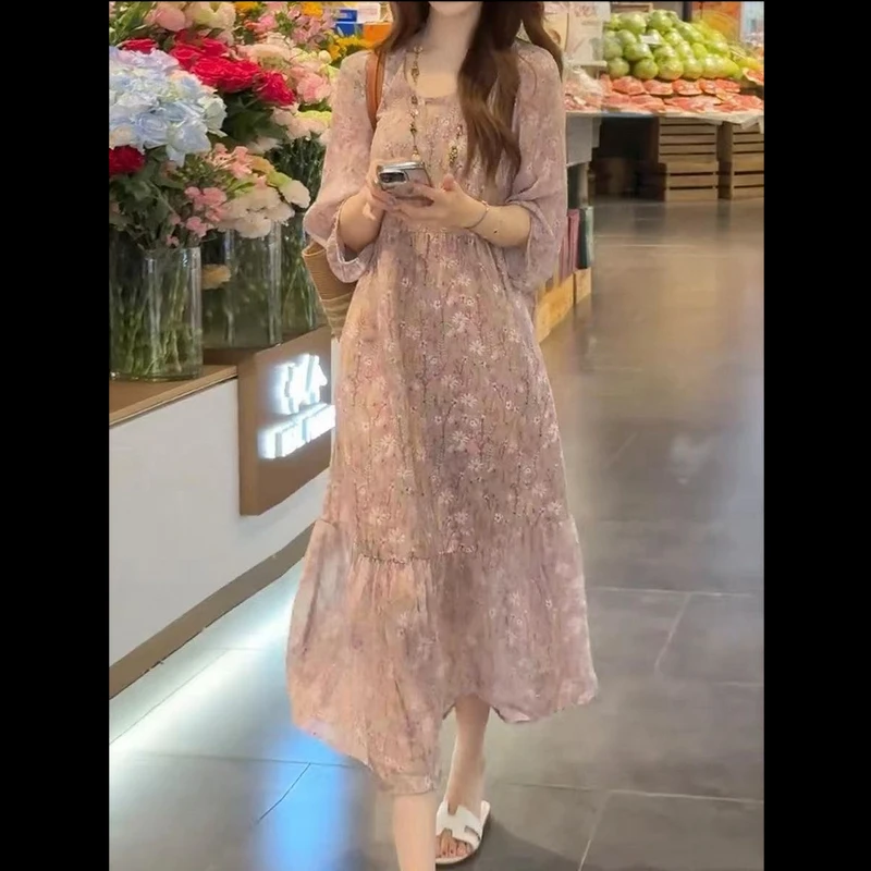 桑蚕丝法式轻奢气质印花连衣裙2025夏季新款宽松显瘦碎花长裙A550