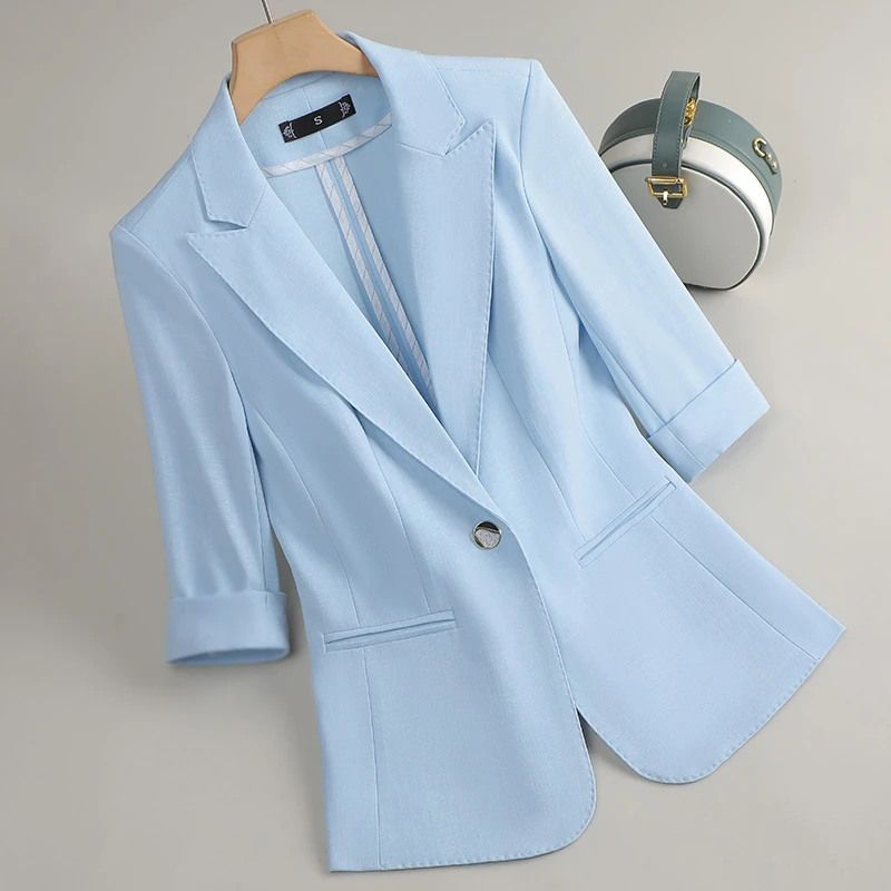 浅蓝色西装外套女夏季2025新款薄款七分袖职业装高级感小西服上衣
