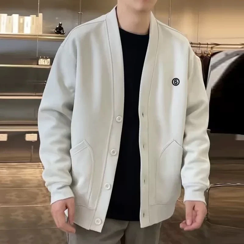 重磅V领开衫外套男秋季美式纯色针织高级感慵懒风夹克8928