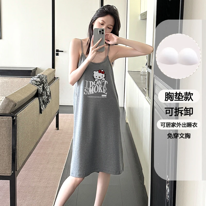 纯棉带胸垫夏季睡裙女吊带睡衣甜美可爱慵懒风小清新休闲款家居服