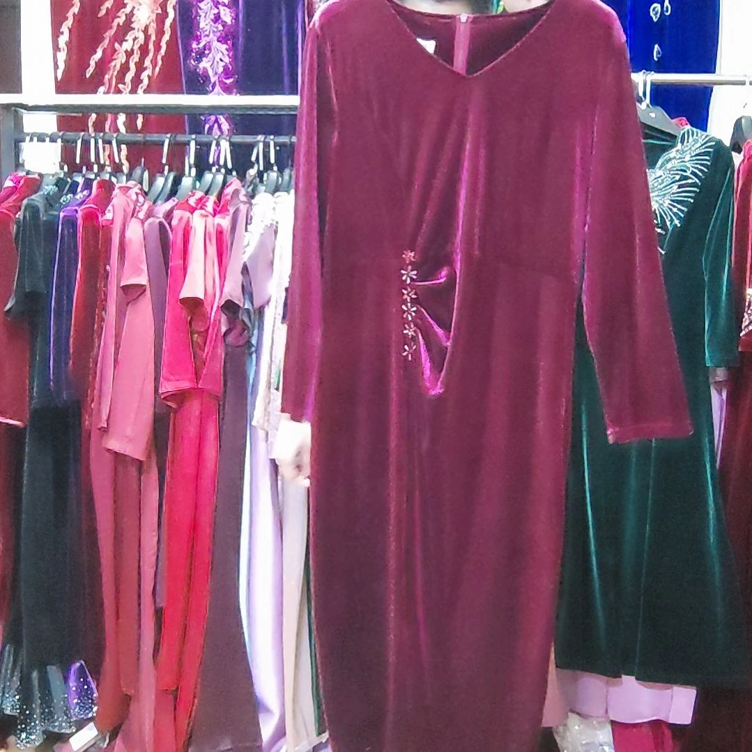 紫红色金丝绒v领长款前开叉手工穿珠礼服裙2XL100-125斤内