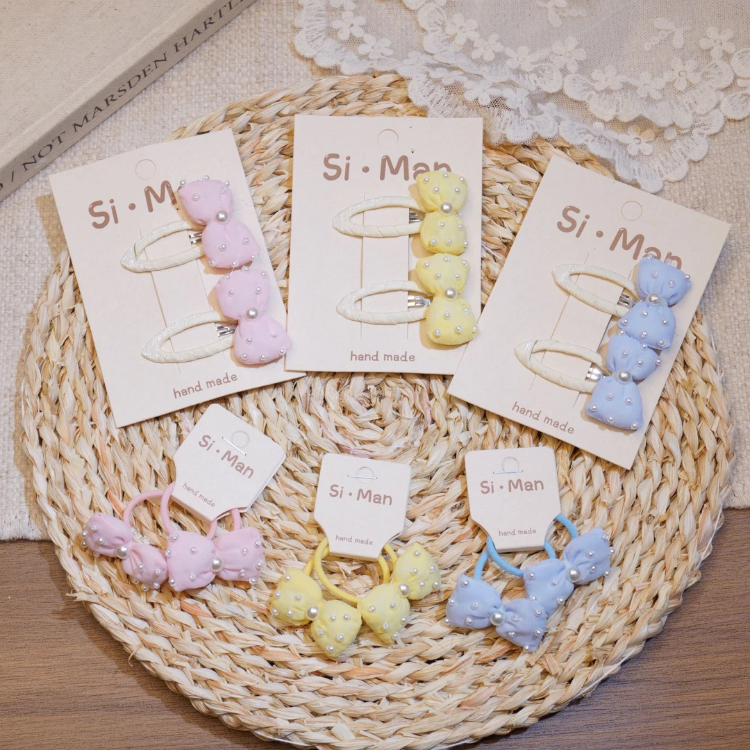 满9.9飞 少女珍珠蝴蝶结韩版彩色可爱卡通发夹儿童手工发圈发饰