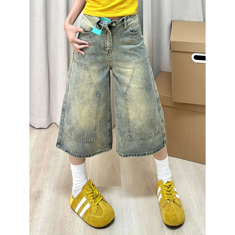 微胖mm复古水洗设计感百搭七分牛仔裤女夏季新款宽松显瘦直筒中裤