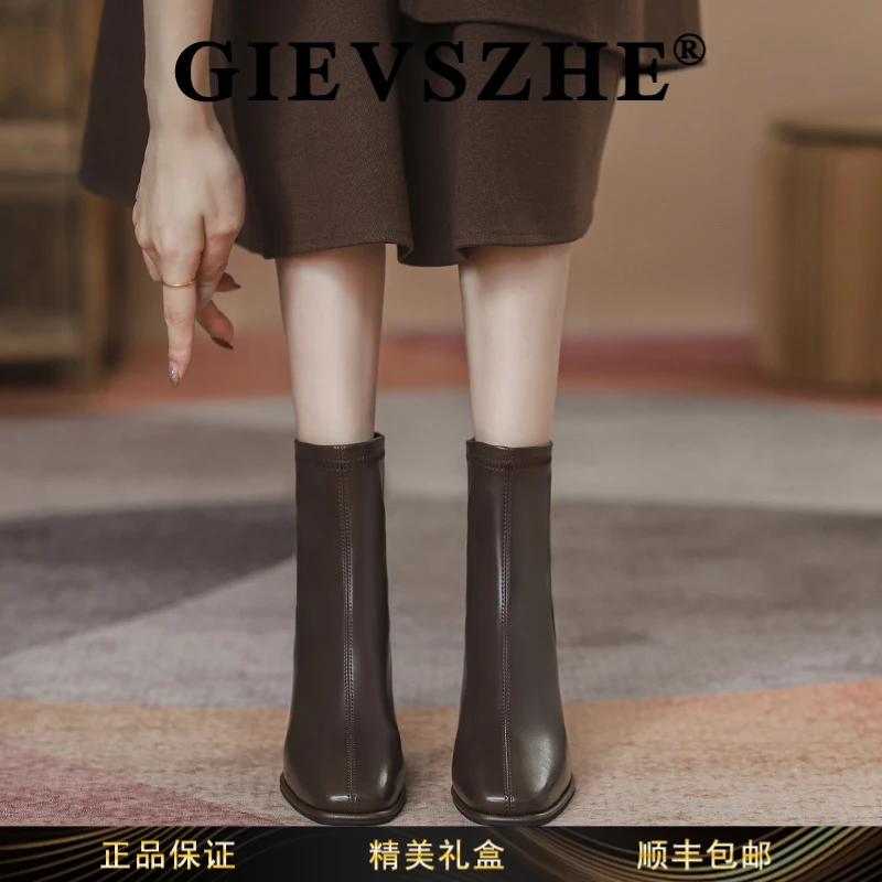 纪诗哲气质复古典雅中跟马丁鞋秋冬季款方头粗跟高跟防水台瘦瘦靴