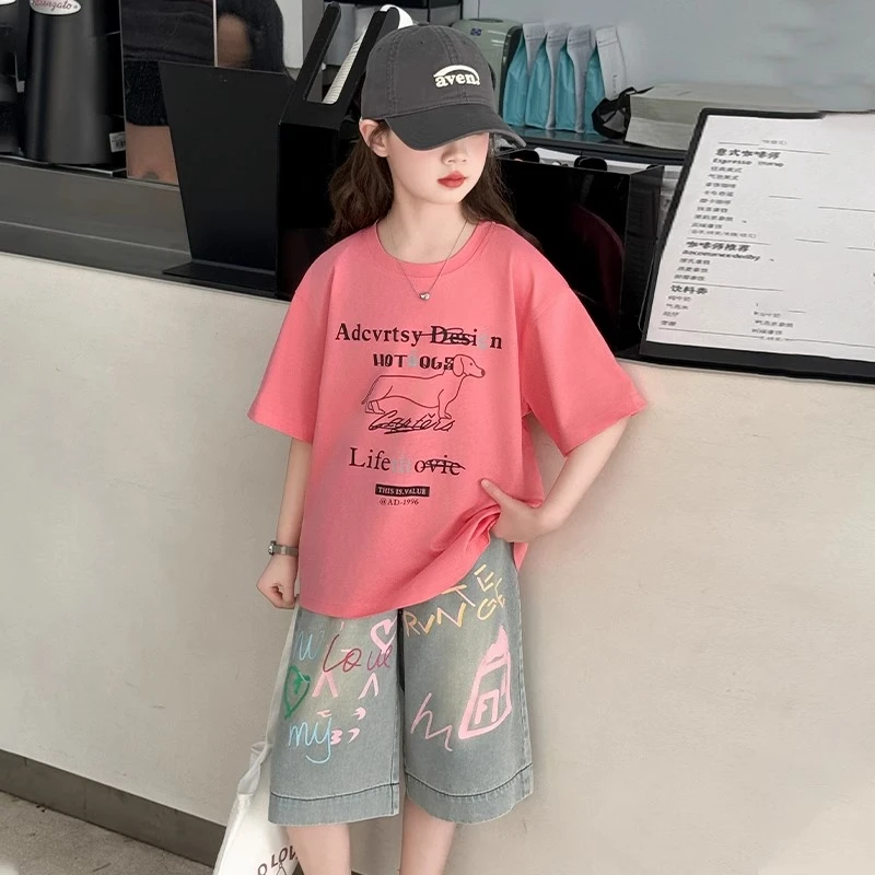 女童t恤短袖套装2025新款女孩夏季牛仔短裤女大童夏装洋气上衣T恤