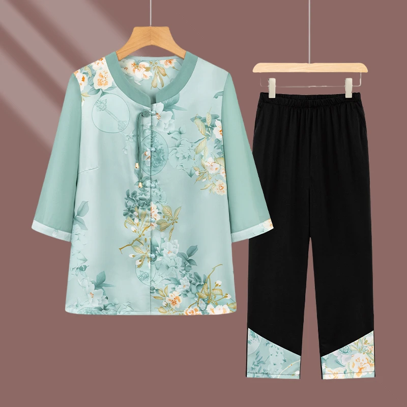 老年人夏装女奶奶新中式国风衬衫套装中老年妈妈洋气老人太太衣服