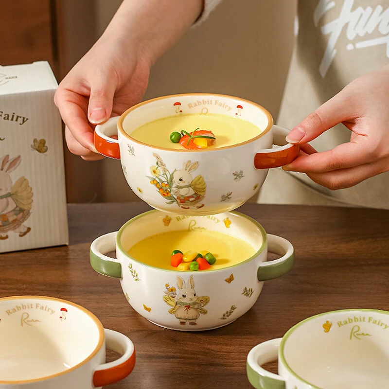 川岛屋双耳碗儿童陶瓷饭碗家用宝宝蒸蛋碗婴儿食品级蒸蛋羹专用碗