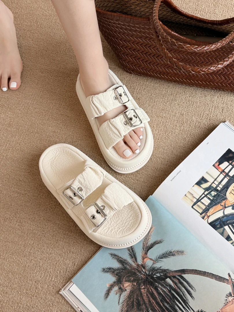 夏季 小方扣 褶皱 休闲拖鞋