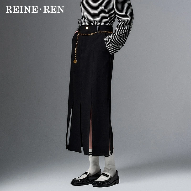 REINEREN设计师任茜春夏新款时尚百搭个性小众黑色醋酸开衩长半裙