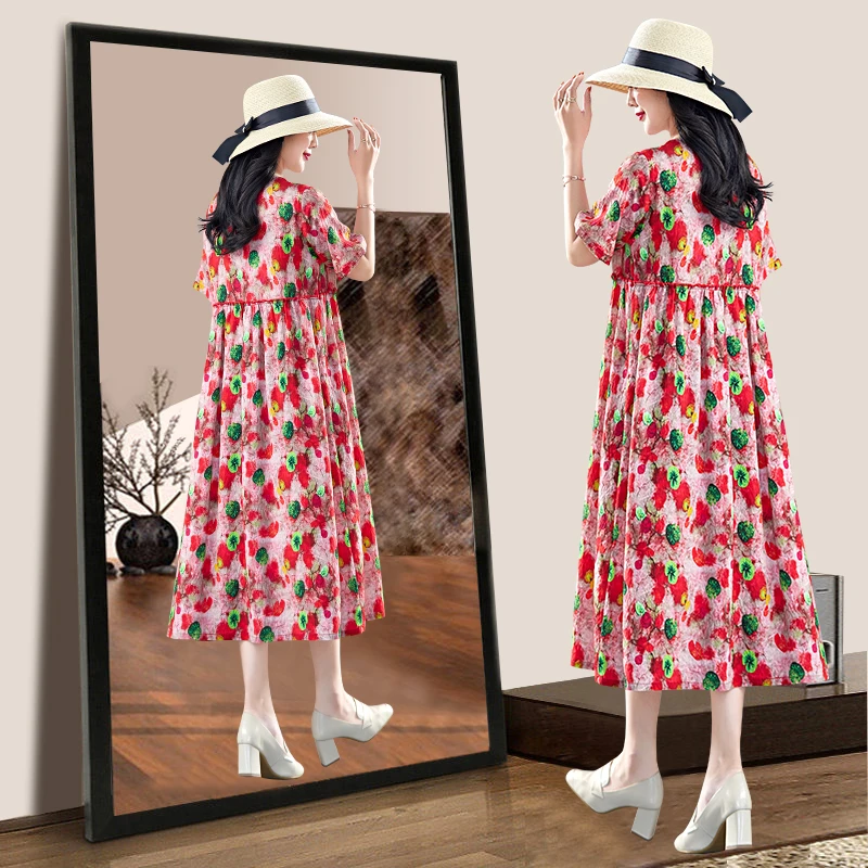 时尚连衣裙洋气衣服女夏季新款高级感宽松显瘦短袖碎花绵绸长裙子