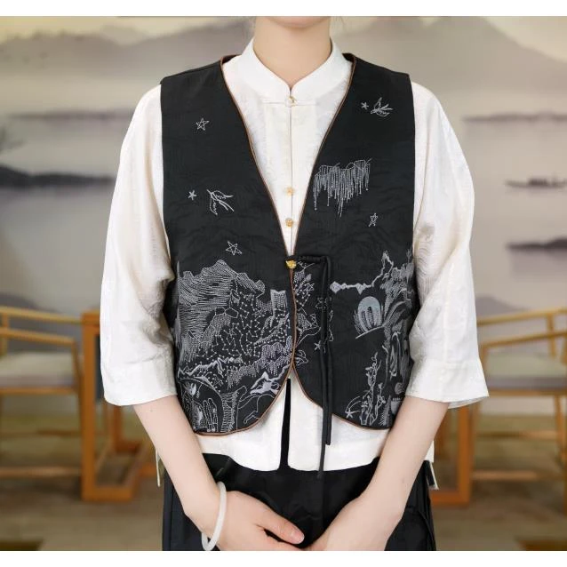 2025春夏新款宽松新中式复古提花国风丝绸真丝马甲上衣RB253806