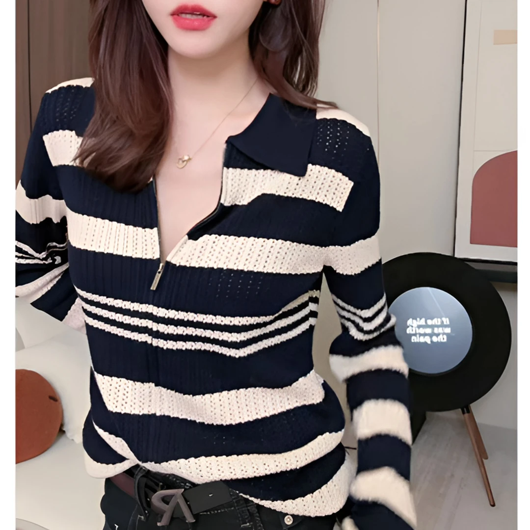 2025秋冬新款复古撞色条纹针织衫女气质感百搭显瘦开衫上衣G5-12