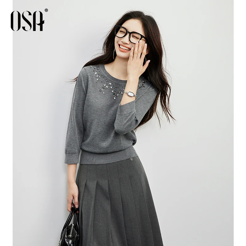 OSA/欧莎 复古手工钉珠针织衫女泡泡袖灰色套头衫上衣S125C16009