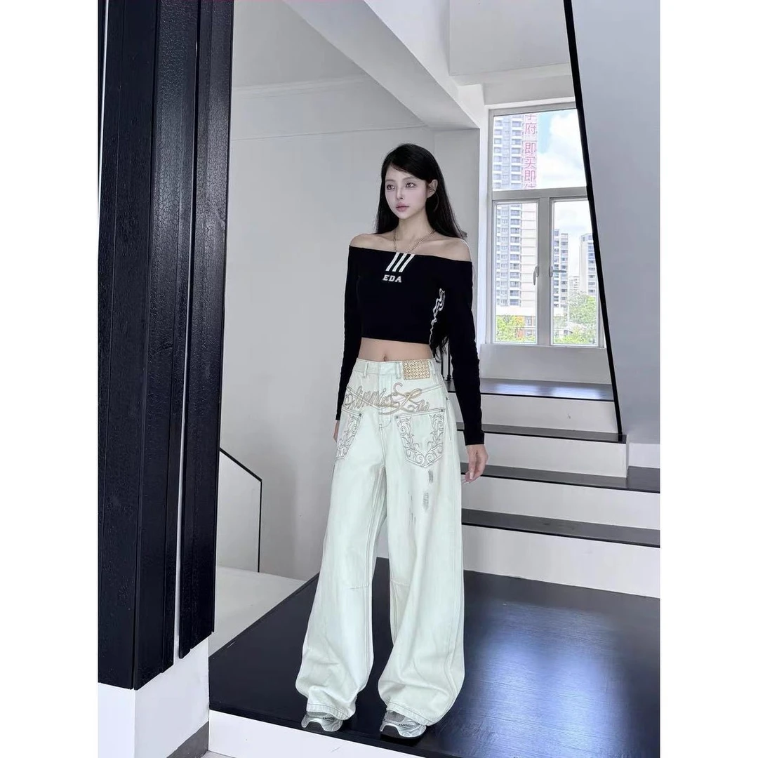 2025秋季新款做旧水洗低腰弯刀牛仔裤女泥染阔腿设计感香蕉裤