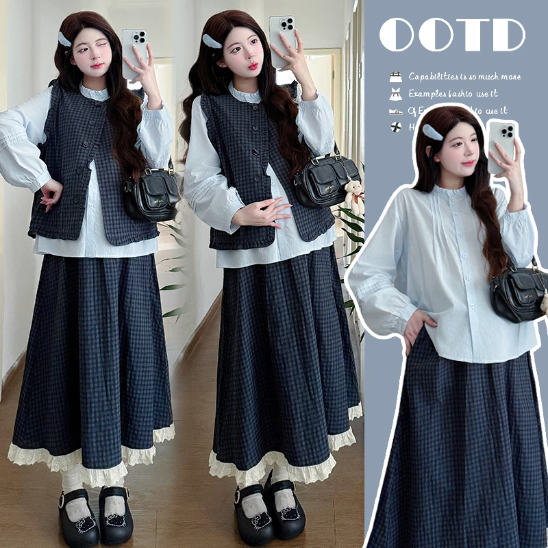 孕妇装2025春秋季新款法式棉布衬衫格子马甲搭配半身裙孕妇三件套