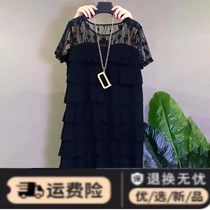 春夏新款胖妹妹mm大码蕾丝镂空显瘦拼接蛋糕裙短袖藏肉连衣裙