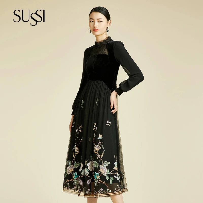 SUSSI/古色秋冬商场同款黑色网纱刺绣立领泡泡袖中长连衣裙