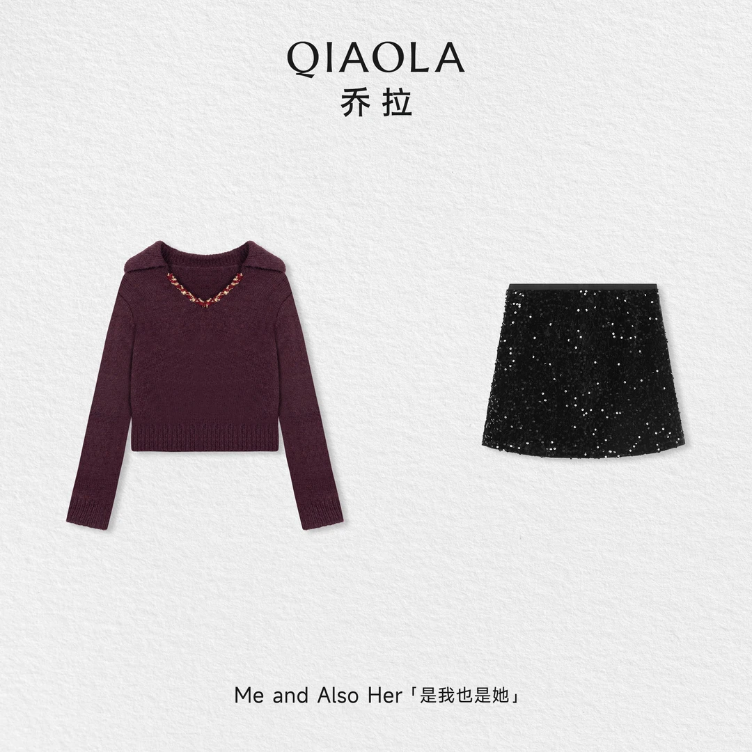 QIAOLA/乔拉【星光之舞】秋冬季羊毛翻领V领落肩设计百搭时尚套装