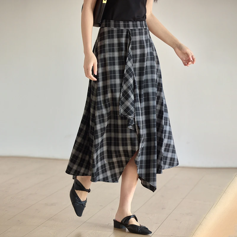 原水不规则黑白格纹半身裙女2025夏季新款裙子长裙爆款D56009