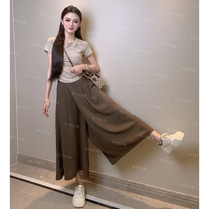 夏季新款黑色冰丝无弹中腰阔腿长裤休闲设计感叠搭女性裤子裤子