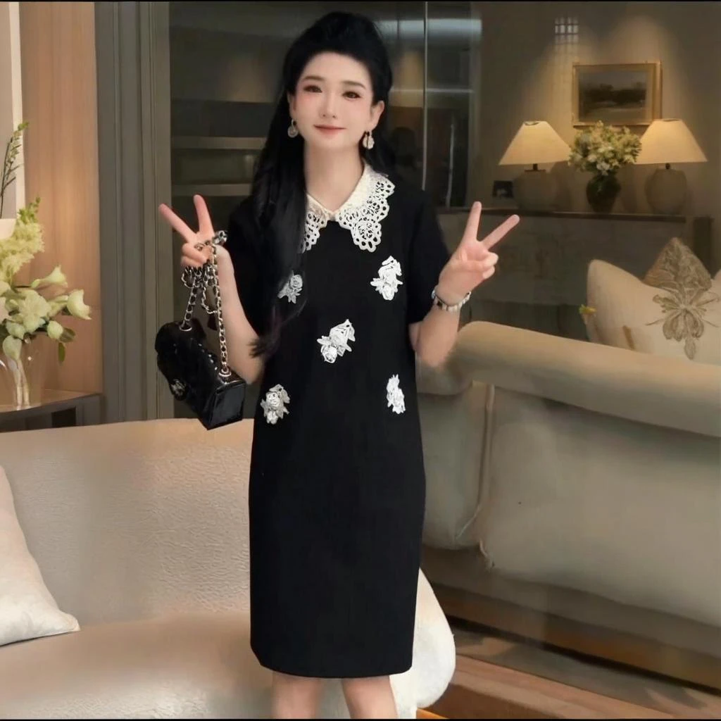 夏季时尚显瘦连衣裙polo拼接韩版宽松减龄休闲气质翻领减龄小黑裙