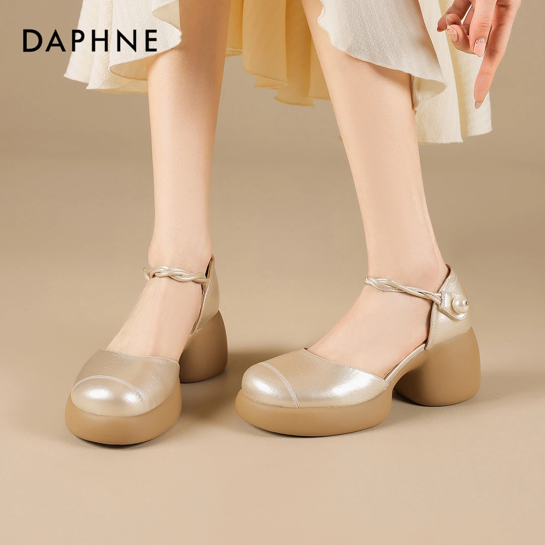 Daphne/达芙妮法式复古浅口单鞋女粗跟高跟鞋宴会鞋时尚玛丽珍鞋