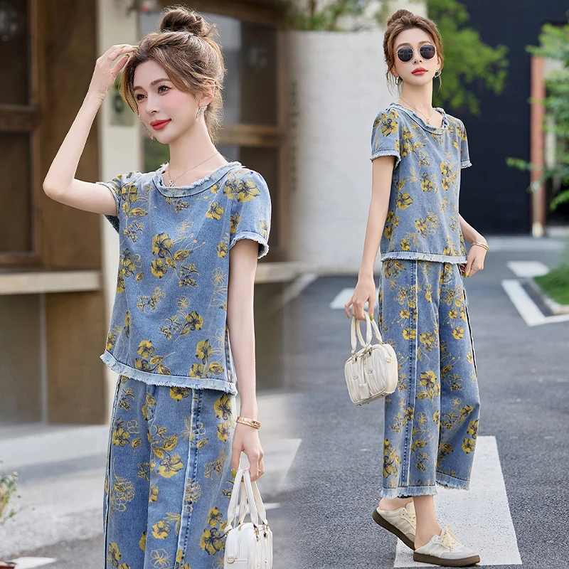 新中式气质休闲风时尚套装法式中国风阔腿裤时尚洋气短袖碎花显瘦